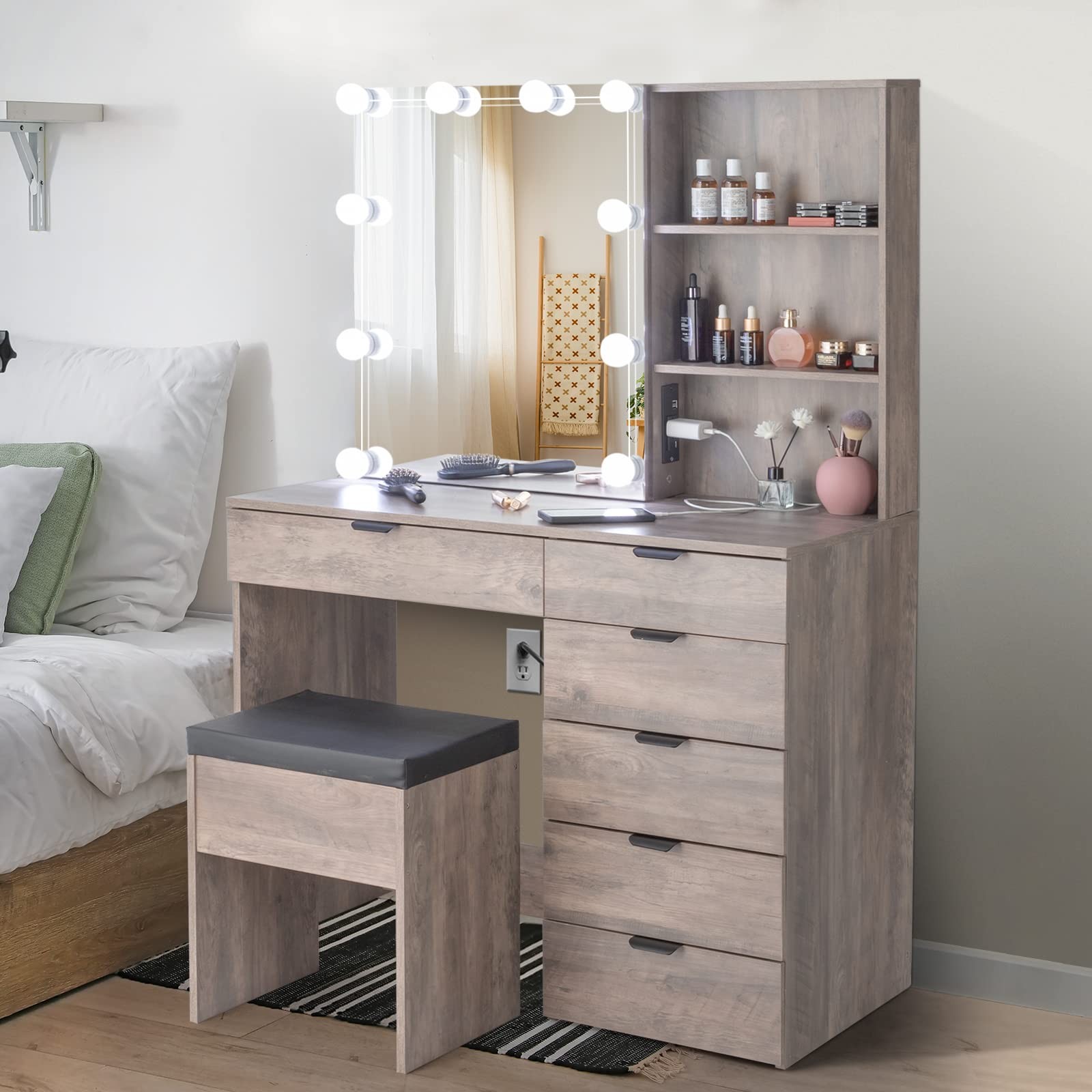 Makeup Vanity Desk Set with Lighted Mirror 10 Bulbs Shelves 6 Drawers Stool Grey