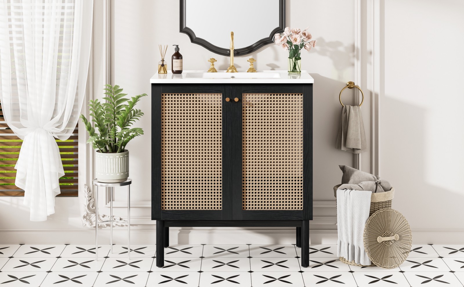 30″ Bathroom Vanity w/ Sink, Freestanding Vanity Storage Cabinet, 2 Rattan Doors
