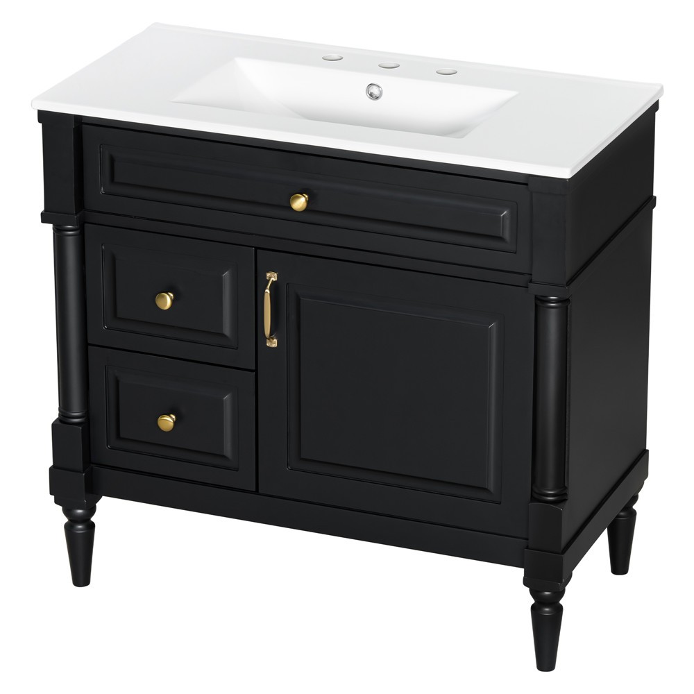 36″ Bathroom Vanity w/ Sink, Freestanding Vanity Cabinet, Door Shelf, 2 Drawers