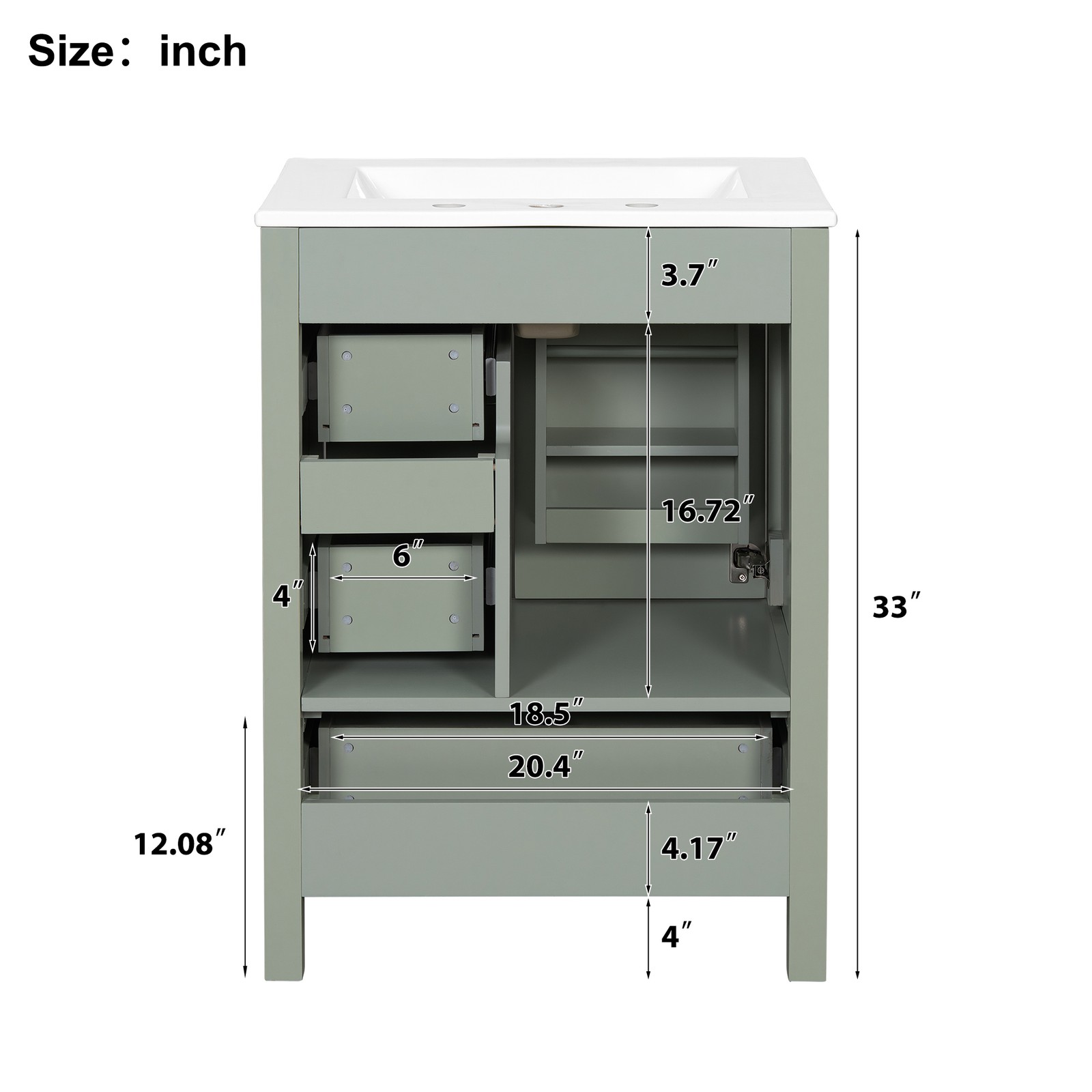 24″ Bathroom Vanity w/Ceramic Sink Modern Freestanding Vanity Cabinet w/3 Doors