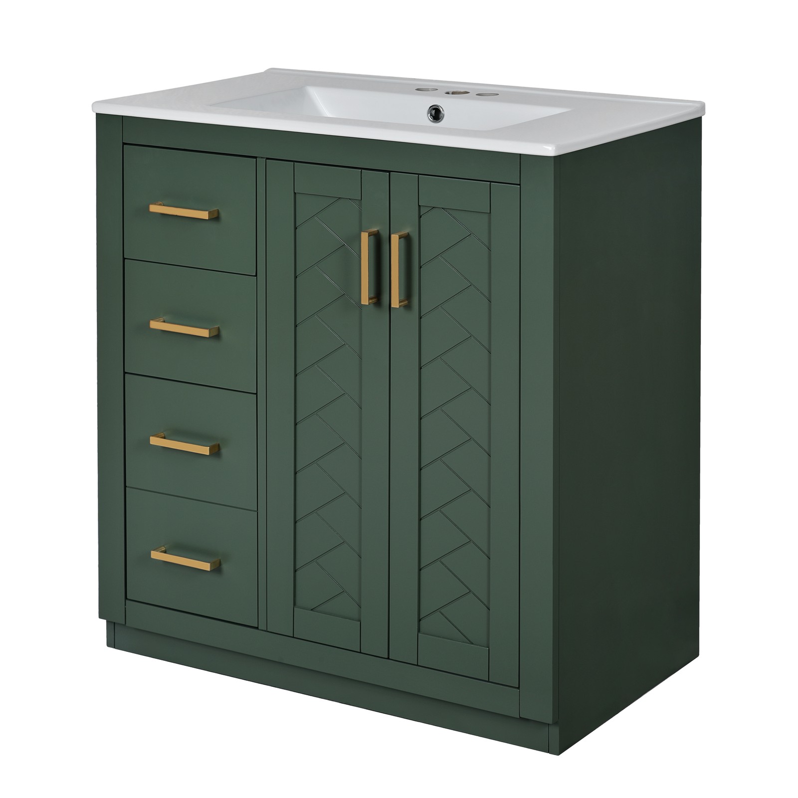 30″ Bathroom Vanity w/Ceramic Sink, 3 Drawers, Freestanding Bath Vanity Cabinet