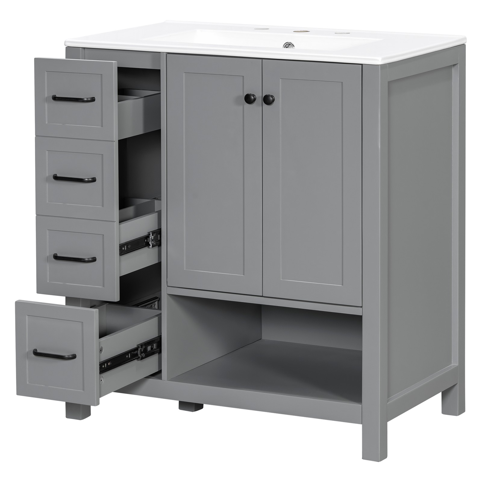 30″ Bathroom Vanity with Sink, 2 Doors & 2 Drawers, Solid Wood, Gray