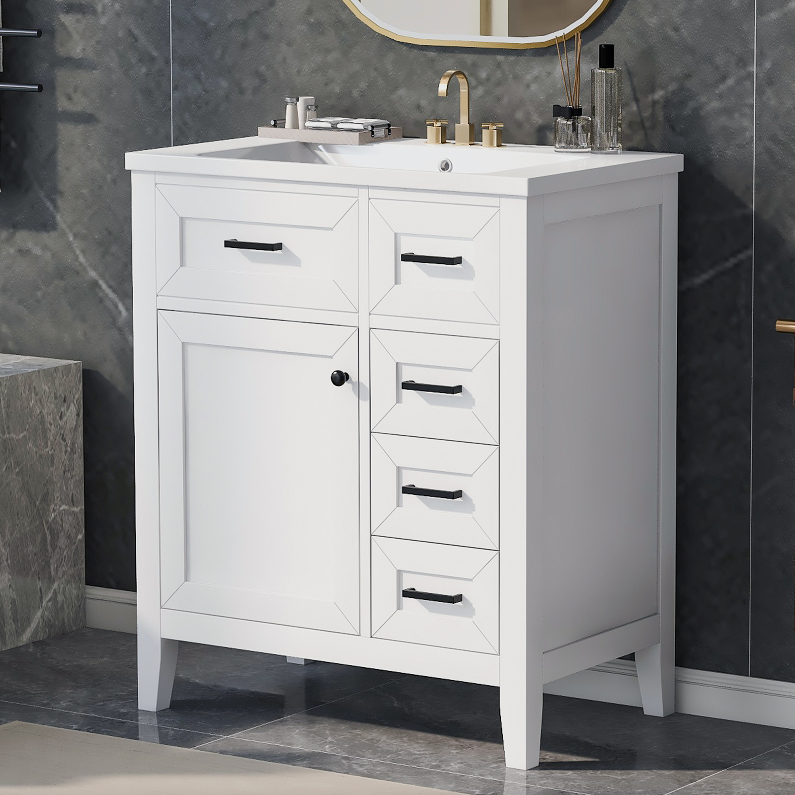 30″ Bathroom Vanity with Sink, Freestanding Vanity Storage Cabinet, 3 Drawers