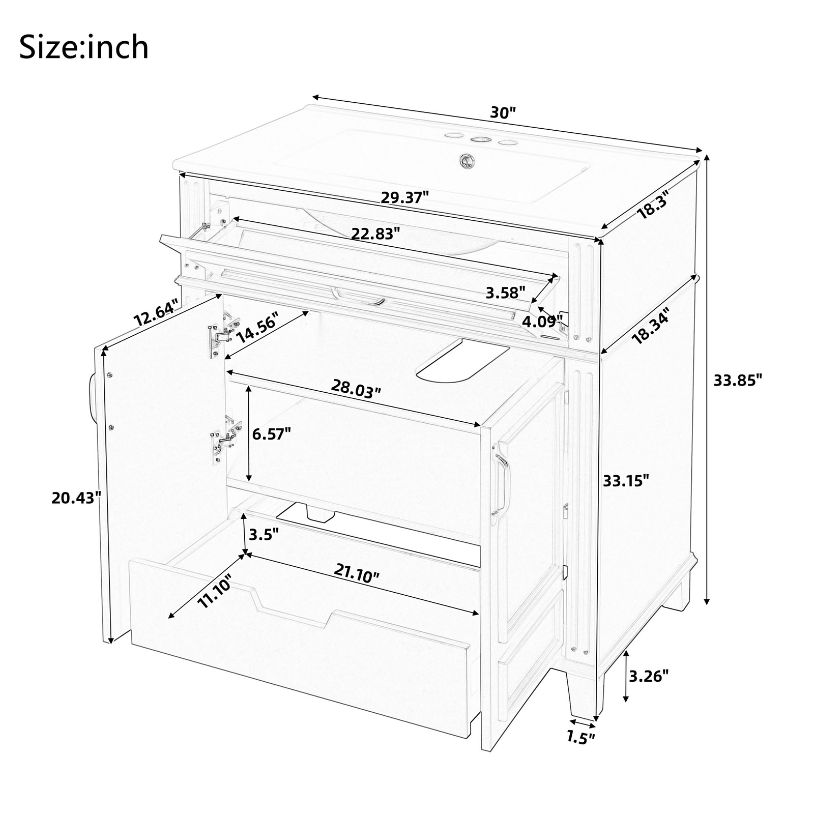 30” Bathroom Vanity with Ceramic Sink,Solid Wood Frame Bathroom Storage Cabinet
