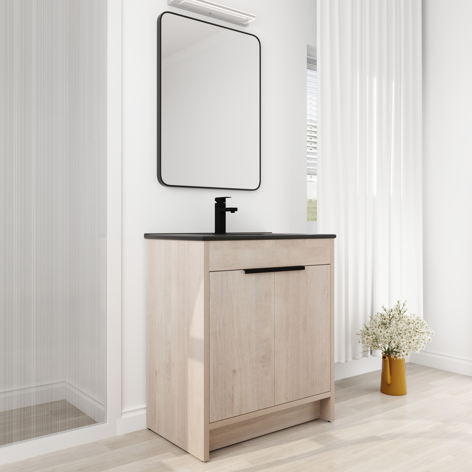 30″ Wooden Free Standing Bathroom Vanity W/ Black Sink Basin + Adjustable Shelf