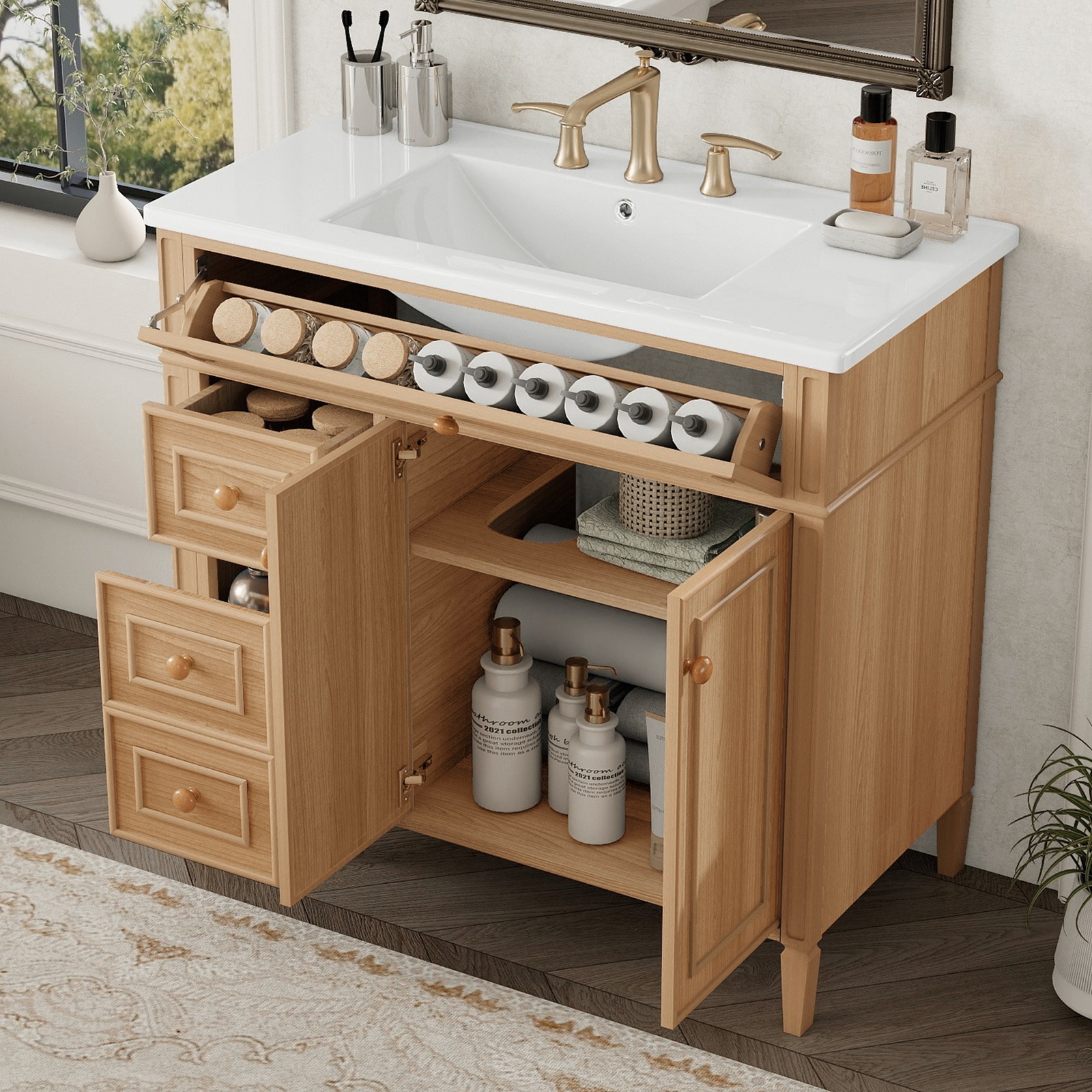 36″ Bathroom Vanity w/Sink,3 Drawers,Freestanding Storage Vanity 2 Doors Cabinet