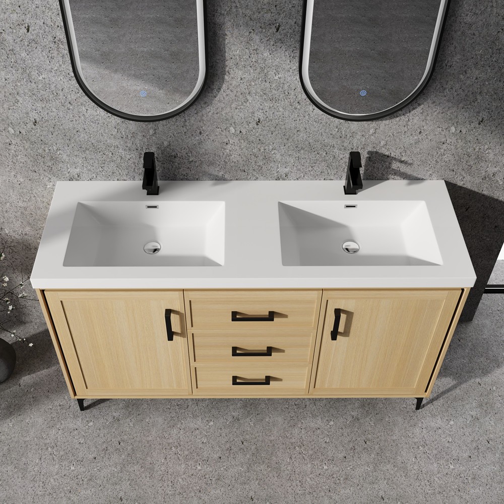 60″ Bathroom Vanity w/ Double Sink, Freestanding Vanity Doors Cabinet, 3 Drawers