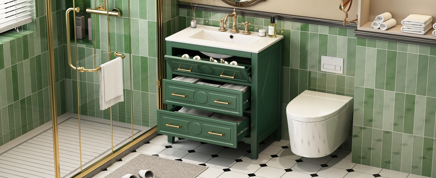 30″ Green Bathroom Vanity with Ceramic Sink, 3 Drawers, Solid Wood