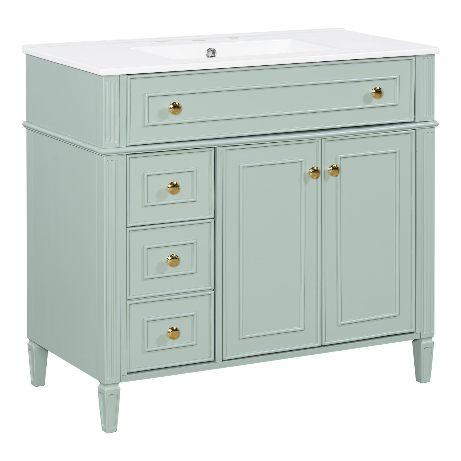 36 Inch Bathroom Vanity with Sink, Green Solid Wood Cabinet, Gold Handles