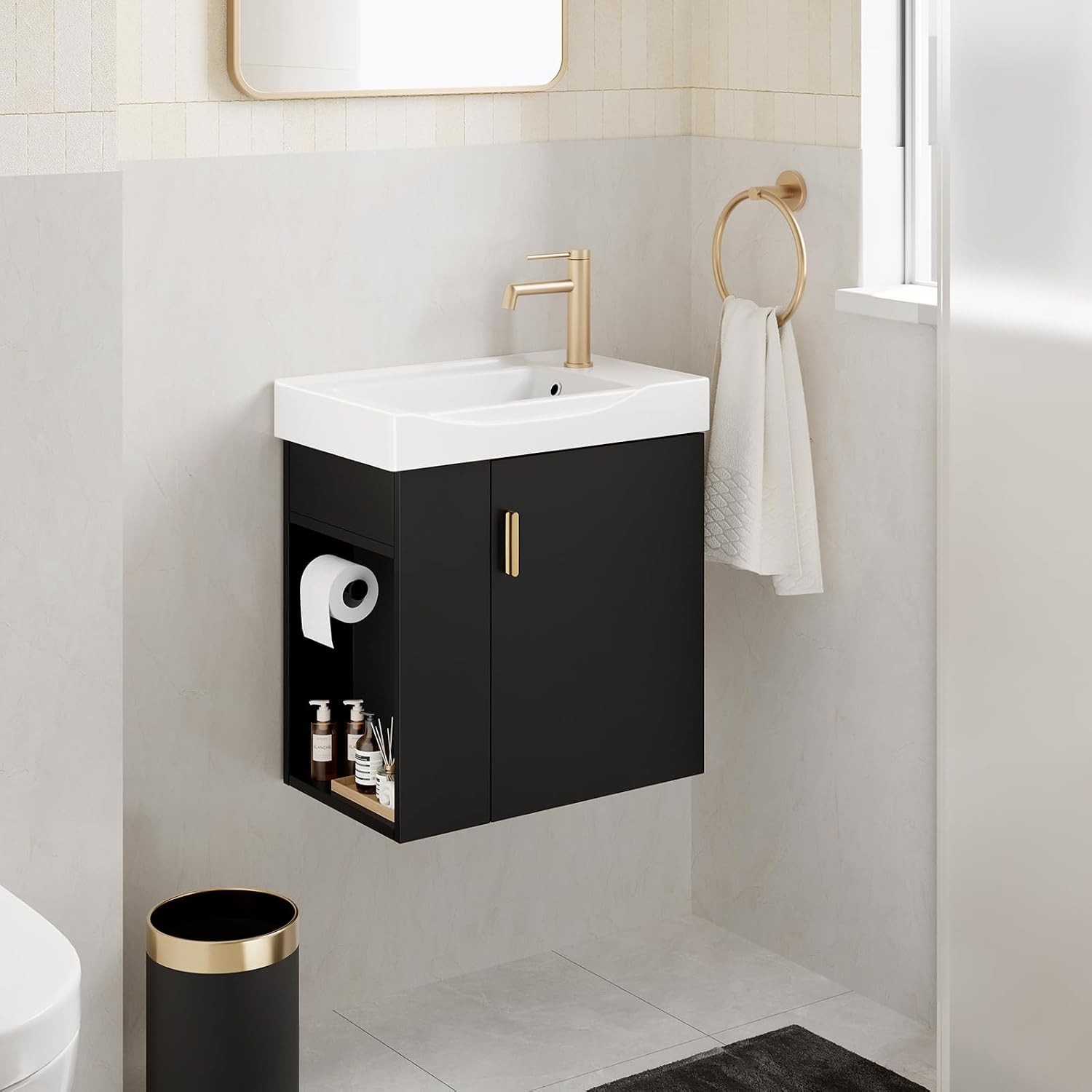 Compact Black Bathroom Vanity 20 Inch Floating Wall Mount Soft Close Door