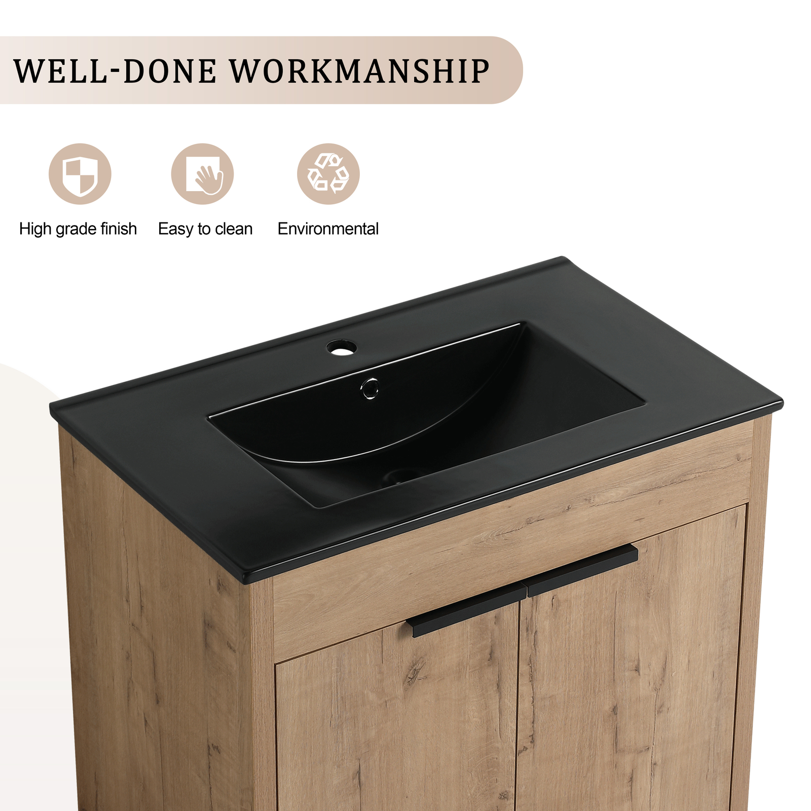 30″ Plywood Freestanding Bathroom Vanity Cabinet W/ Black Sink Soft-Close Door