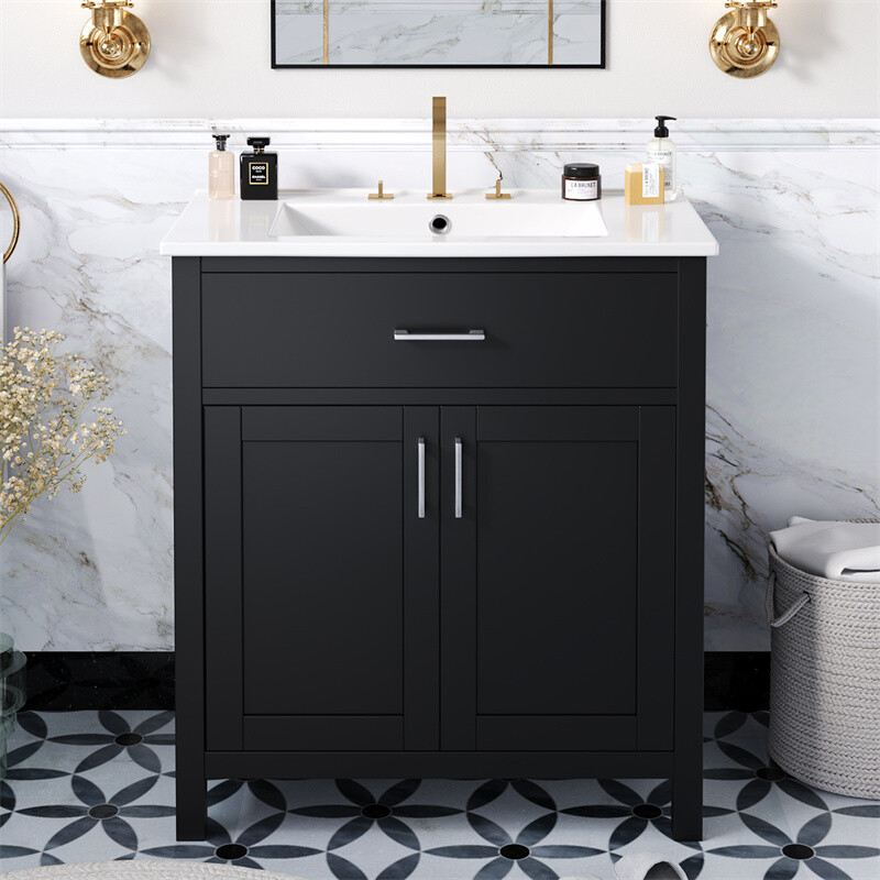 30″ Bathroom Vanity with Ceramic Sink and Storage Cabinet Built-in Drawe & Doors