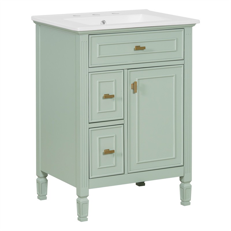 24-In Modern Bathroom Vanity with Ceramic Sink,Green Wood Cabinet with 3 Drawers