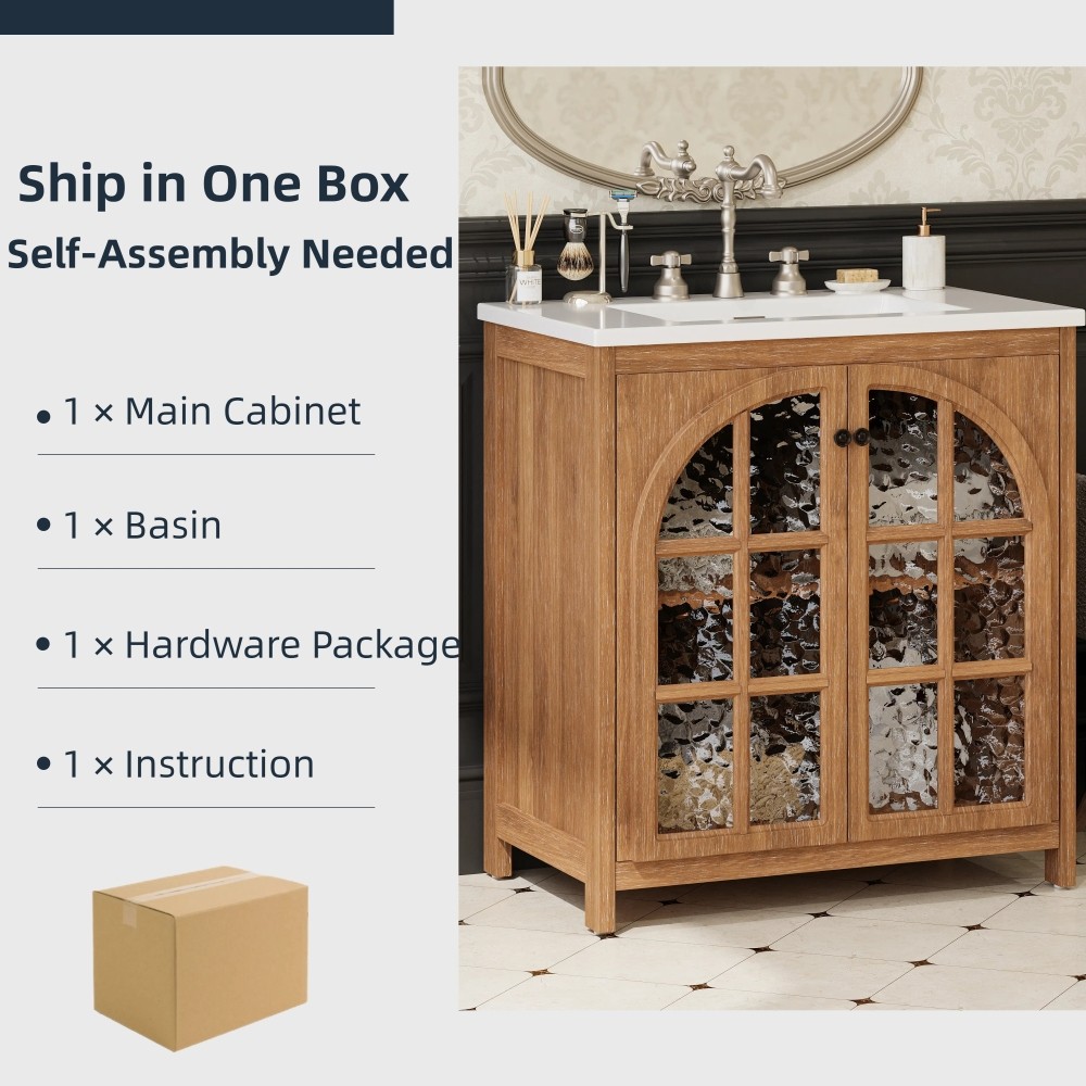 30″ Rustic Bathroom Vanity Cabinet w/Ceramic Sink Bronze Pulls 2 Doors