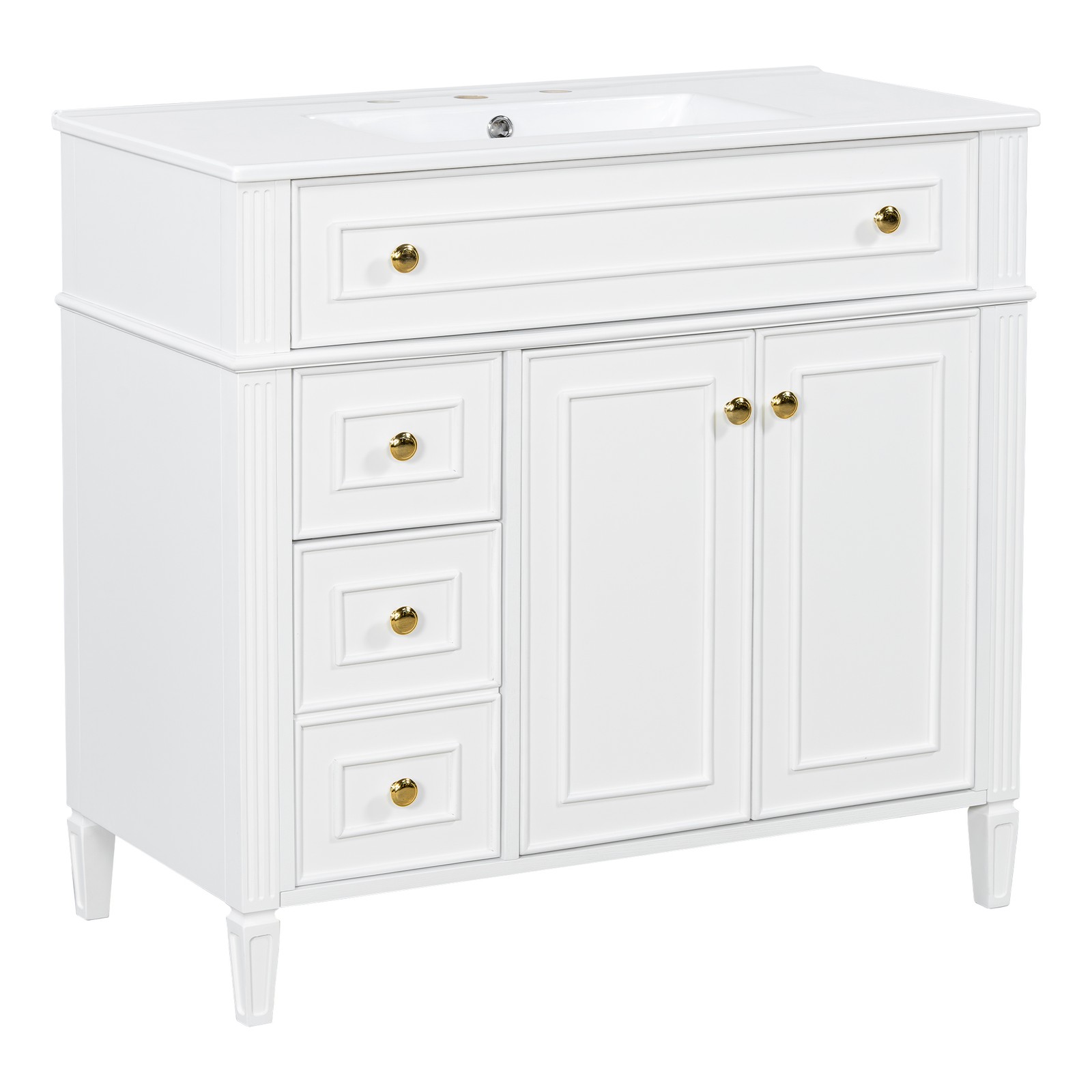White 36 Inch Bathroom Vanity with Sink, Solid Wood Cabinet, Gold Handles