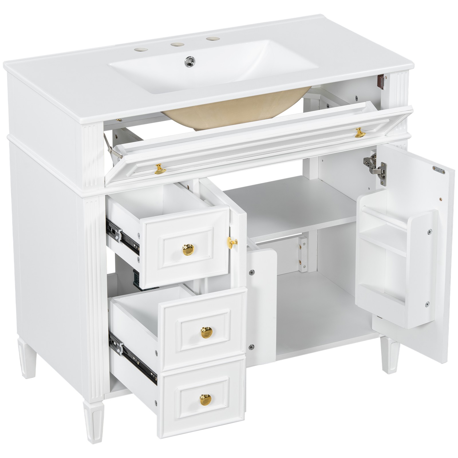 White 36 Inch Bathroom Vanity with Sink, Solid Wood Cabinet, Gold Handles