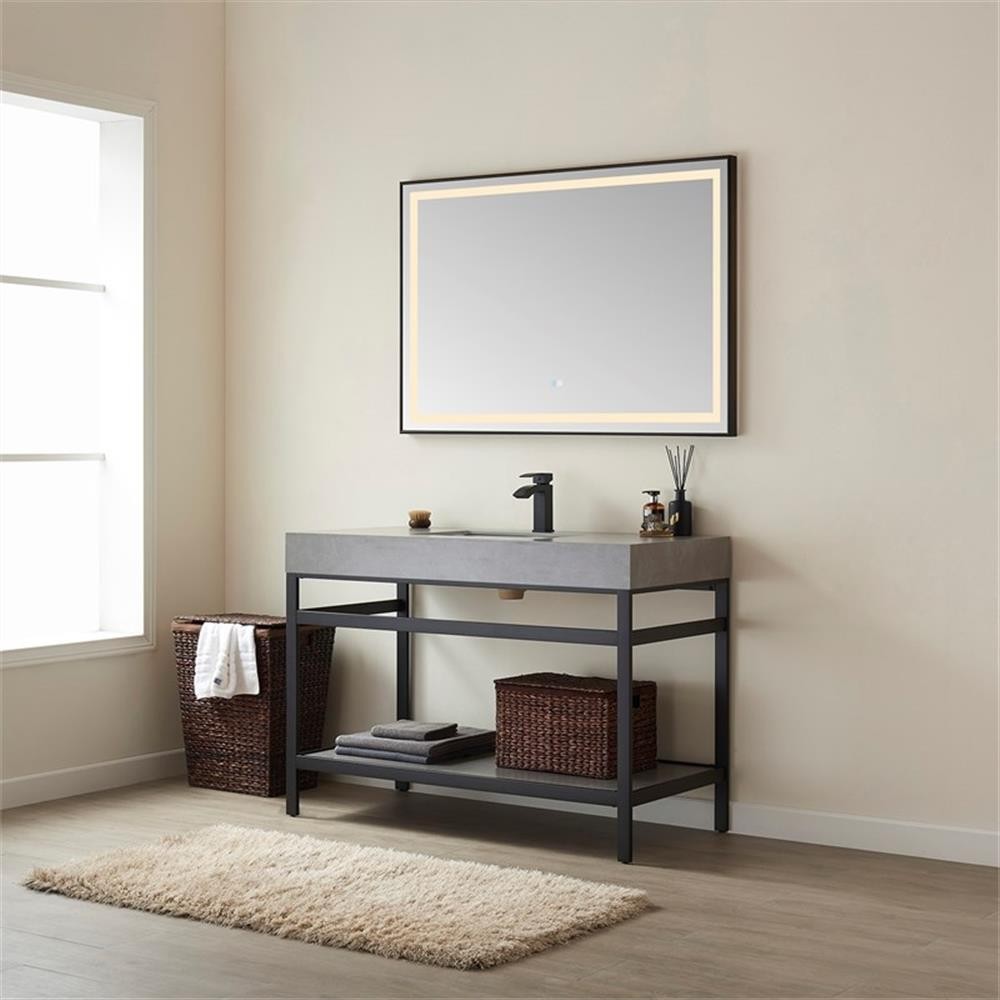 Funes 48″ Single Sink Bathroom Vanity in Matte Black Frame Gray Top w/ Mirror