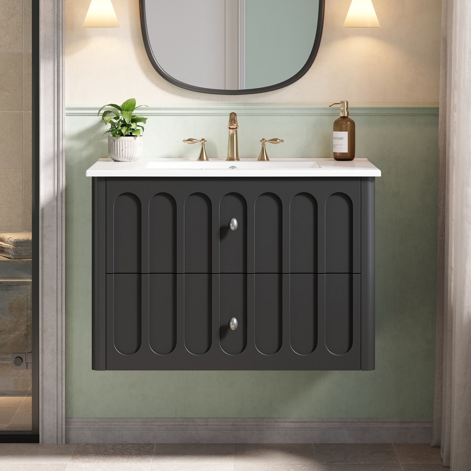30″ Modern Bathroom Cabinet Floating Bathroom Vanity w/Oval Knobs & Round Edge