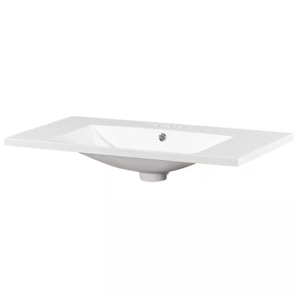 36 In. W X 18 In. D Rectangular 3 Hole Bathroom Sink Resin Vanity Top in White w