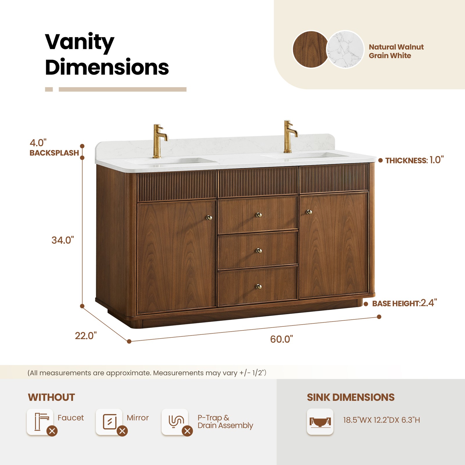 Zogno 60″ Double Sink Bath Vanity in Natural Walnut with White Grain Stone Top