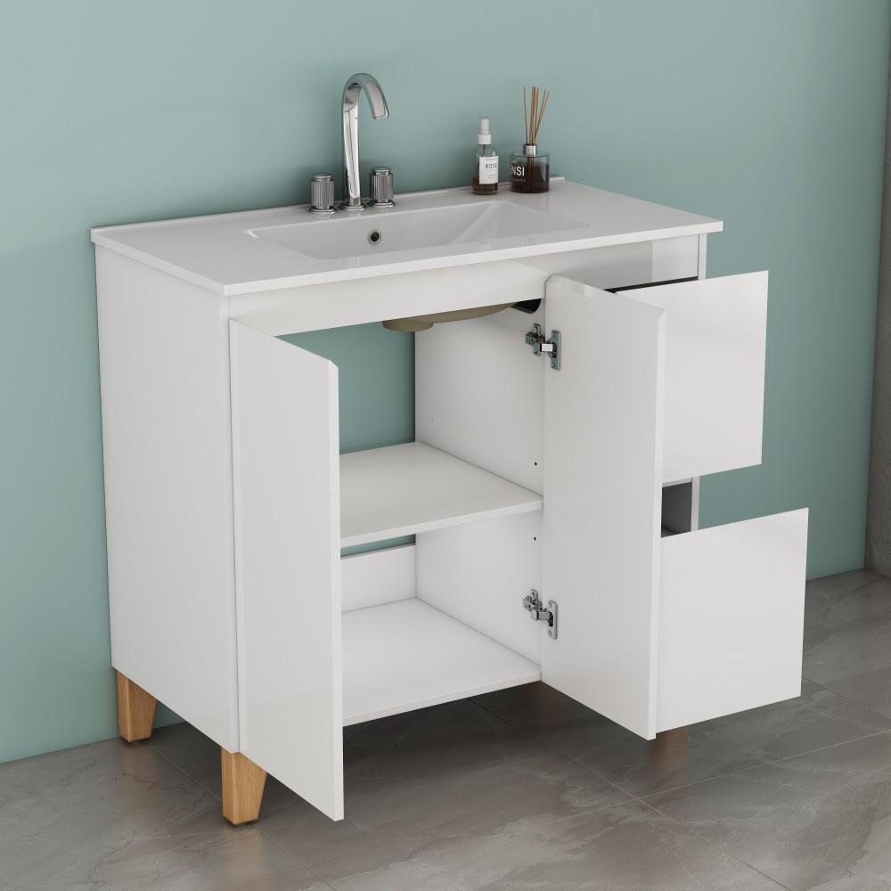 Bathroom cabinet with sink, double doors, and two drawers