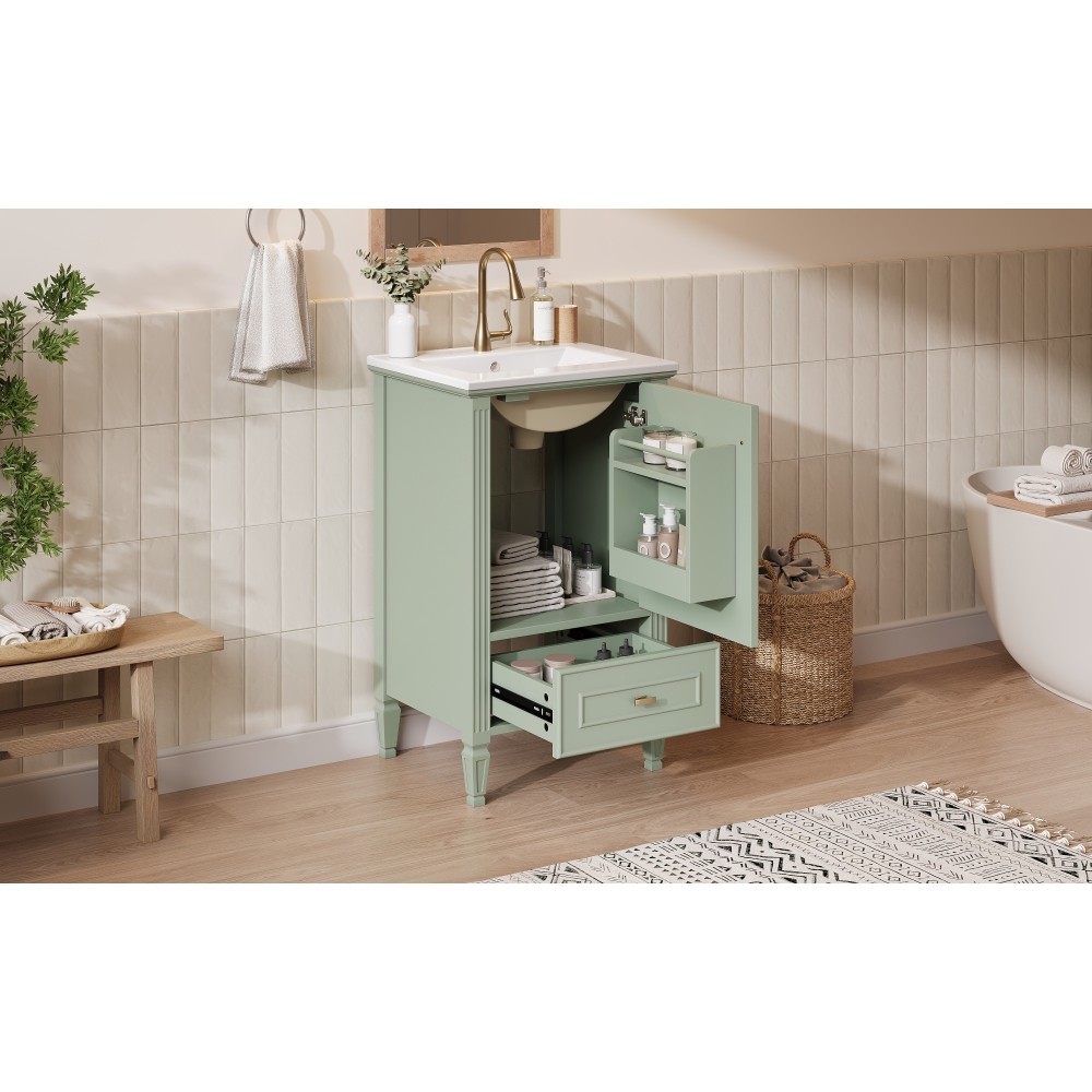 20″ Green Bathroom Vanity, Ceramic Sink, Solid Wood Legs, Soft-Close, Storage