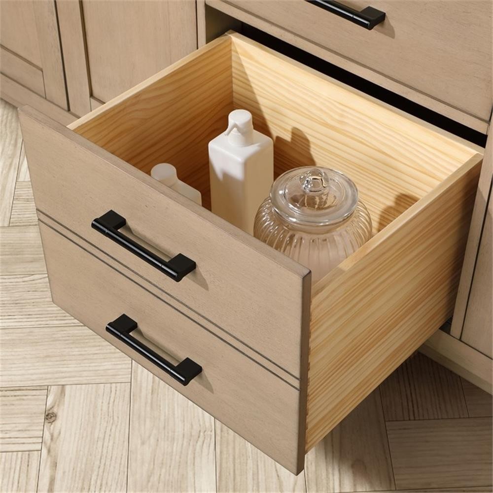 Pemberly Row 60″ Double Bathroom Vanity in Sahara Birch with White Countertop