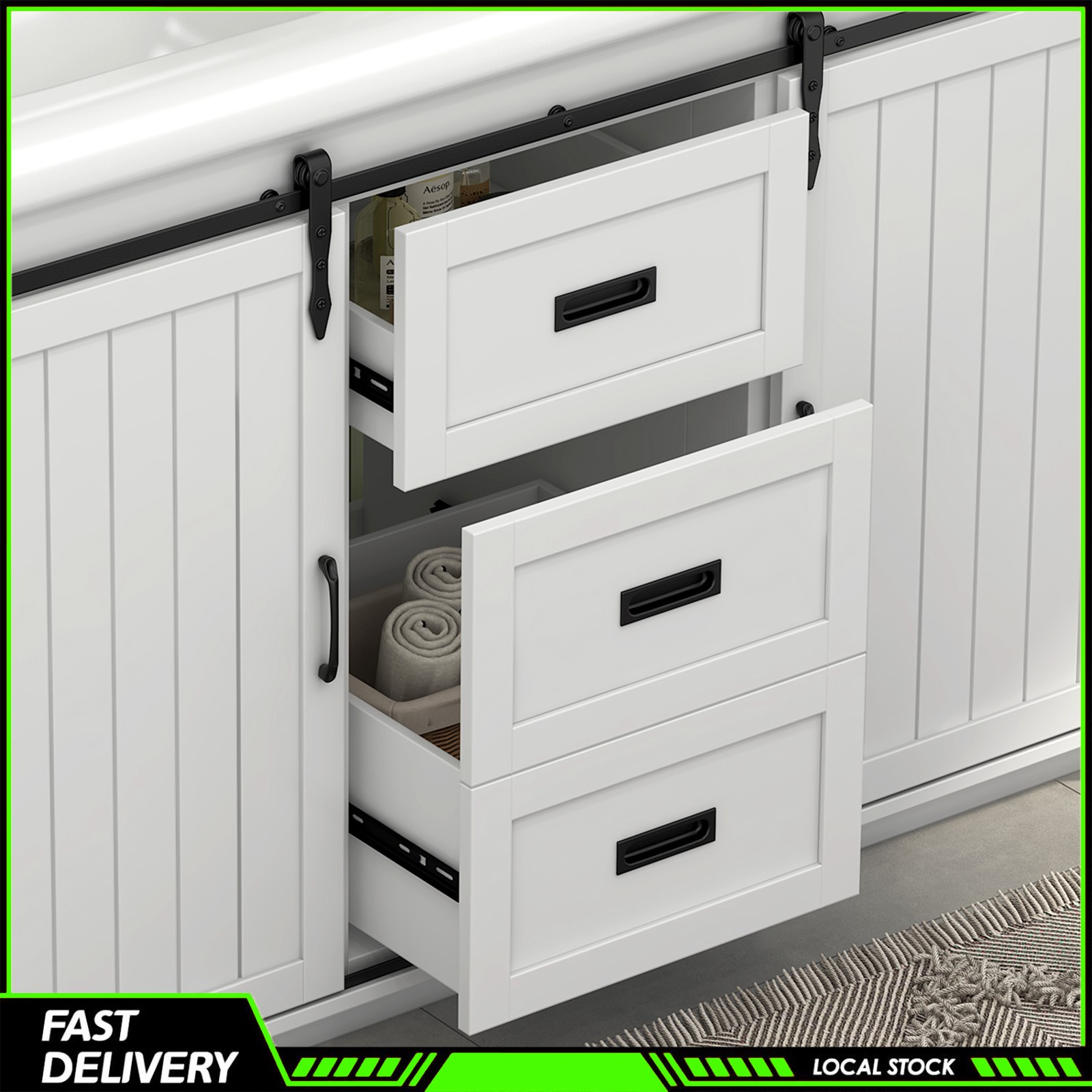 47″ Freestanding Bathroom Vanity w/ Double Ceramic Sink &2 Drawers Storage Space
