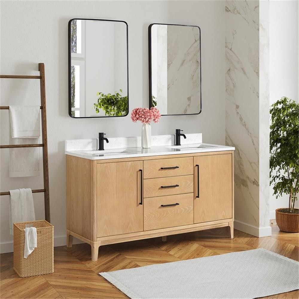Gara 60M” Double Bath Vanity in Washed Ash Grey w/White Grain Composite & Mirror