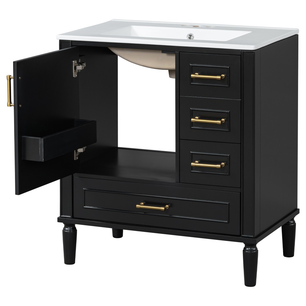 Traditional 30″ Black Bathroom Vanity Set, Floor Standing, with Three Drawers