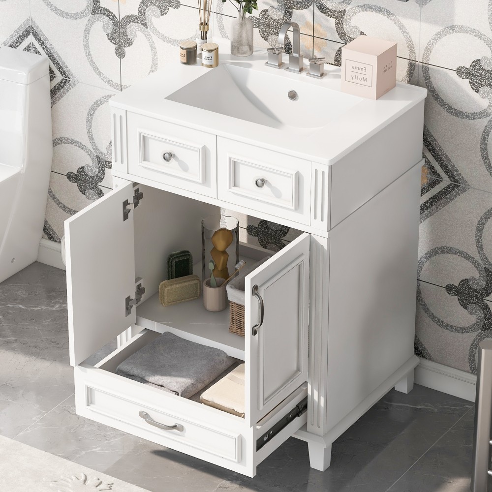 24″ Bathroom Vanity w/ Ceramic Sink, Solid Wood Frame, Soft Close Doors, White