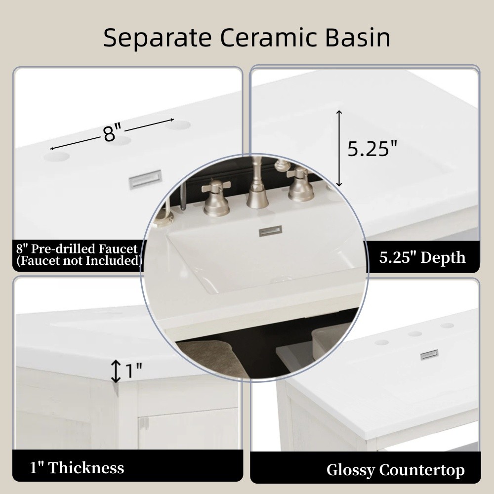Bathroom Vanity with Ceramic Sink and Handles, Featuring Two Soft-Close Doors