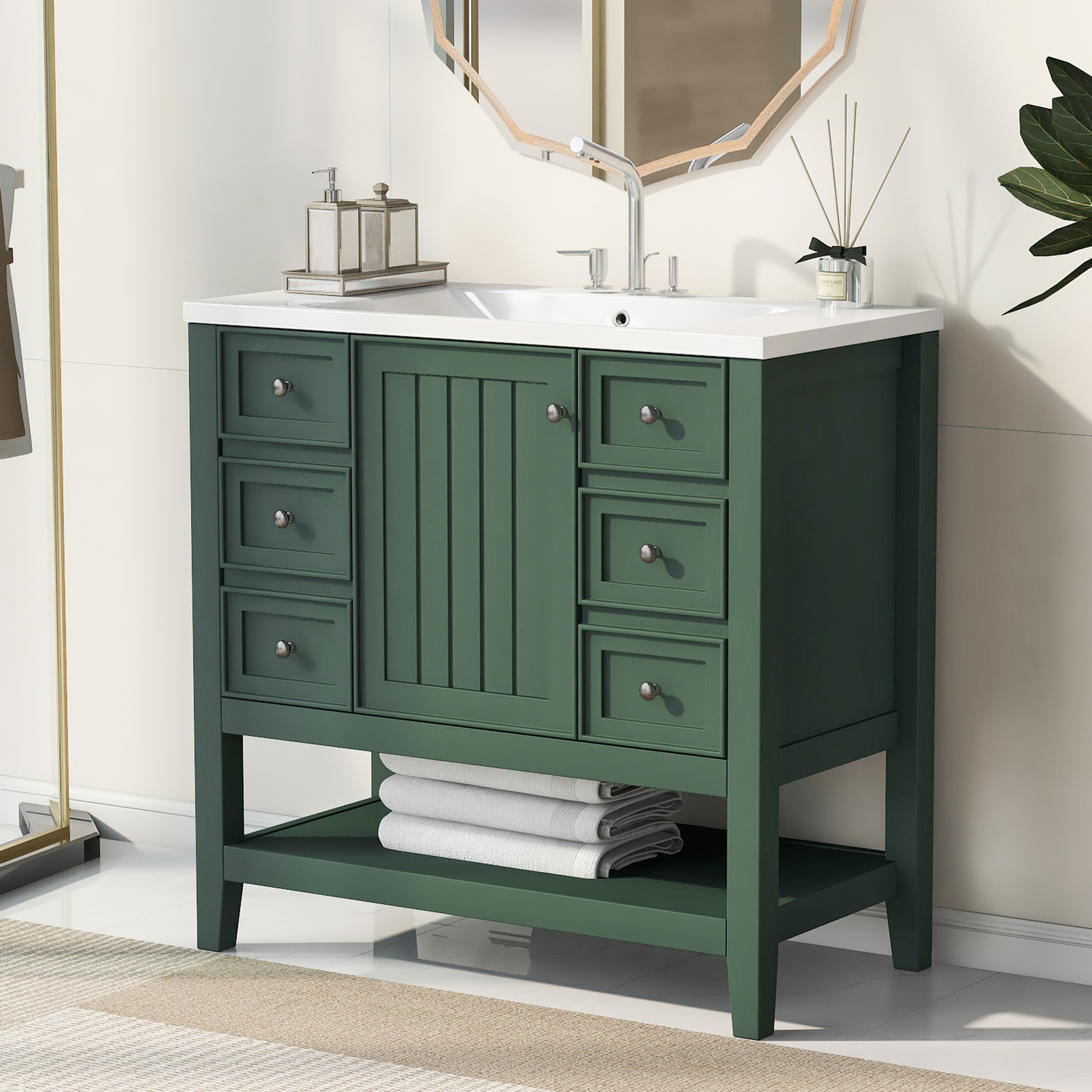 36″ Bathroom Vanity w/Sink,Freestanding Bath Vanity Cabinet,3 Drawers,Open Shelf