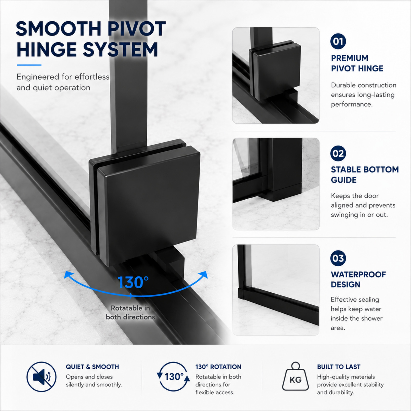 Semi-Frameless Pivot Hinged Glass Shower Door 44-48″ W x 72″ H