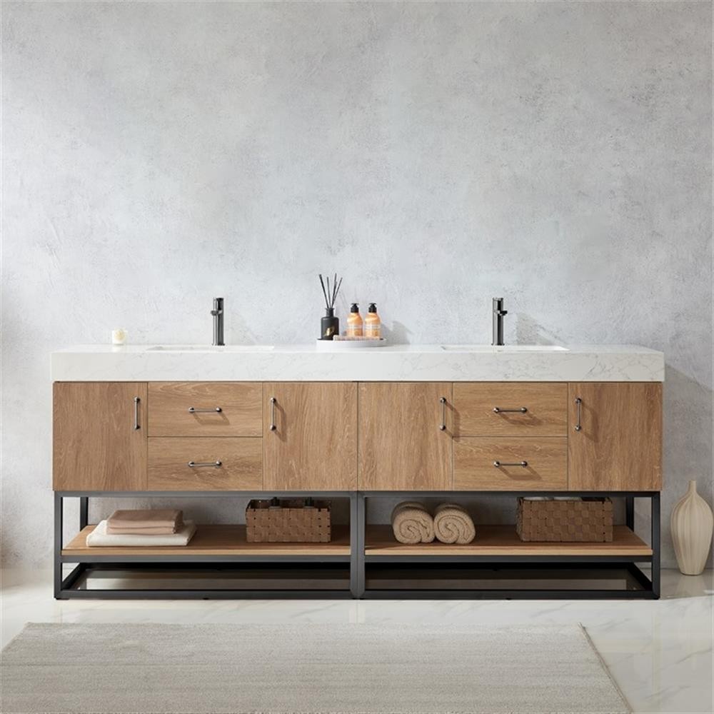 Pemberly Row 84″ White Stone Top Oak Double Vanity Black Frame w/o Mirror