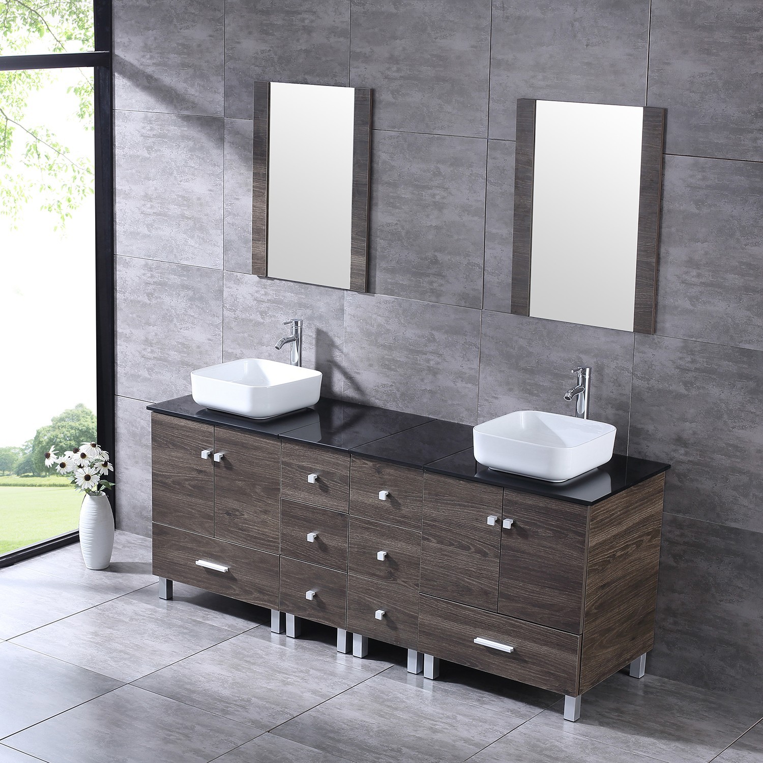 72 inch Double Sink Bathroom Vanity Cabinet Ceramic Vessel Sink w/Mirror Faucet