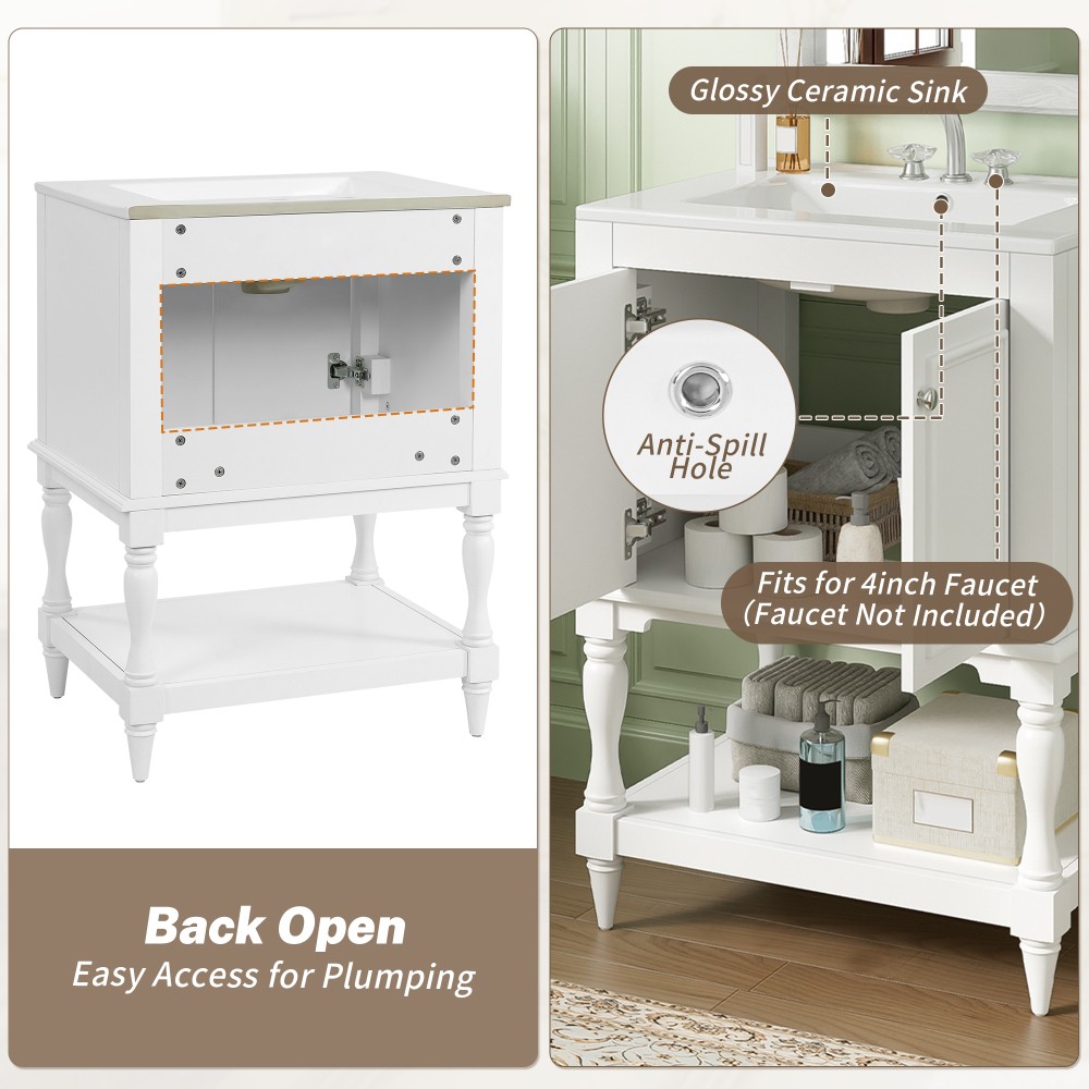 24″ Modern Bathroom Vanity w/ Ceramic Sink & Storage, White