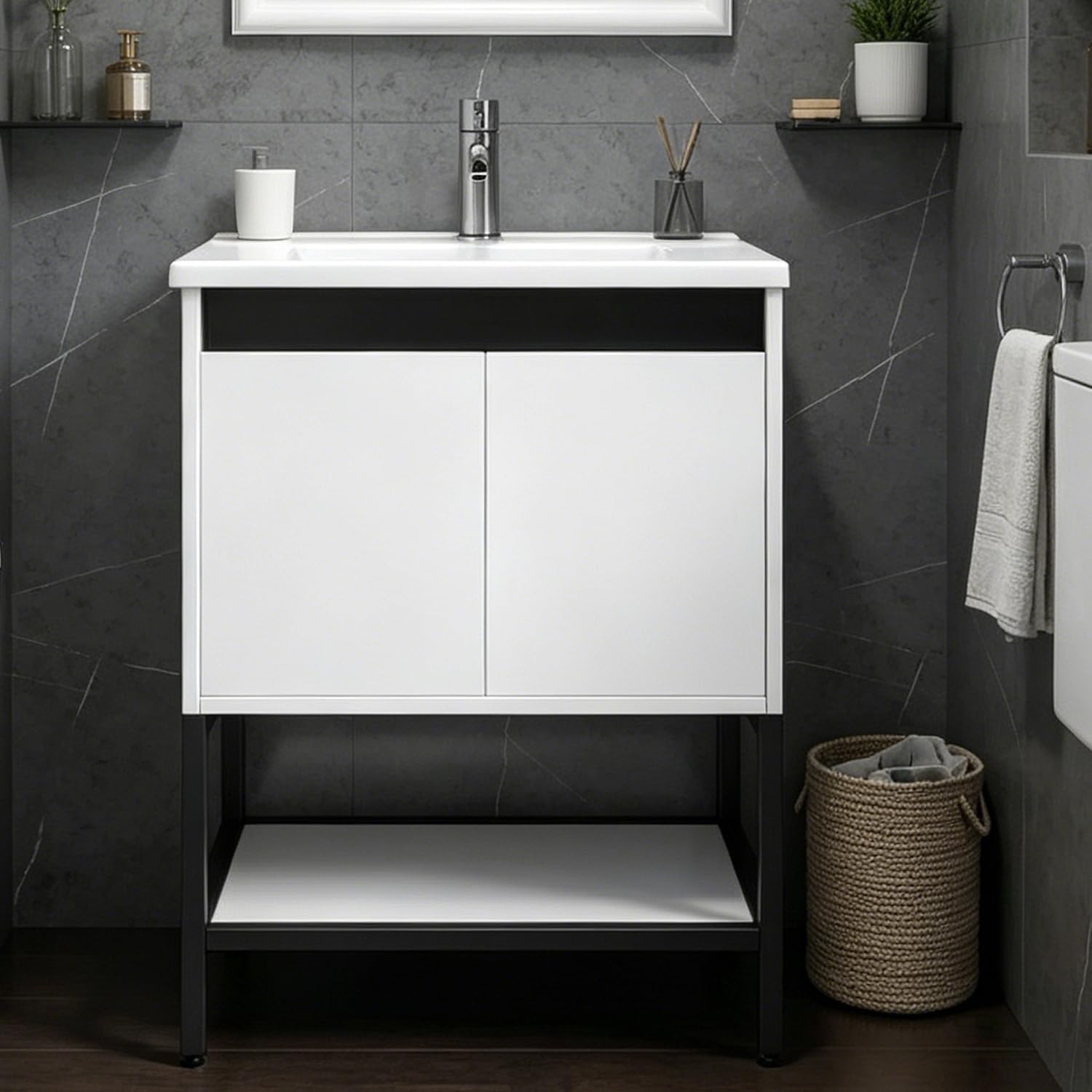 24” Bathroom Vanity with Ceramic Sink, Bathroom MDF Cabinet with White Wash B…