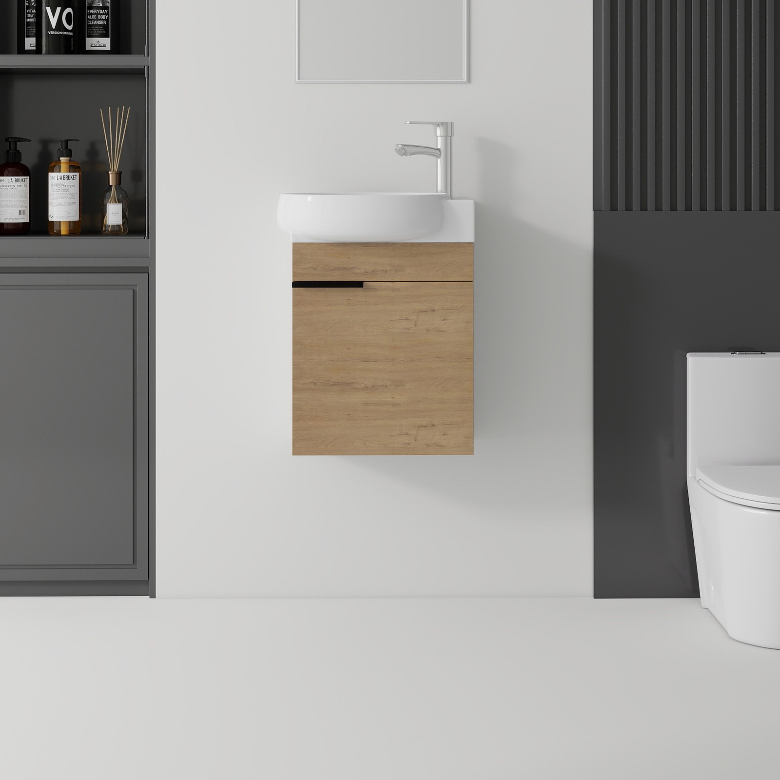 16″ Floating Bathroom Vanity Combo Wall Mounted Plywood Cabinet Oak