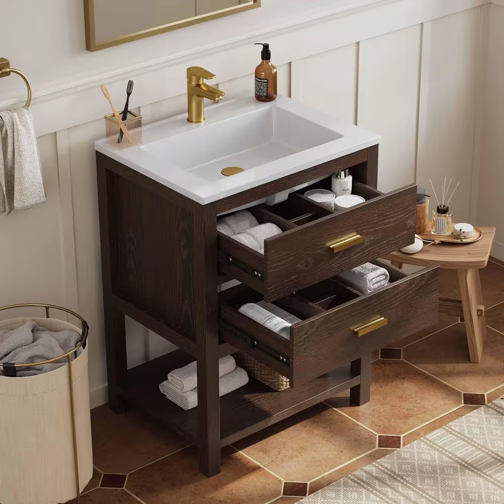 Magen 25 In. Single Sink Bath Vanity in Walnut with White Engineered Solid Surfa