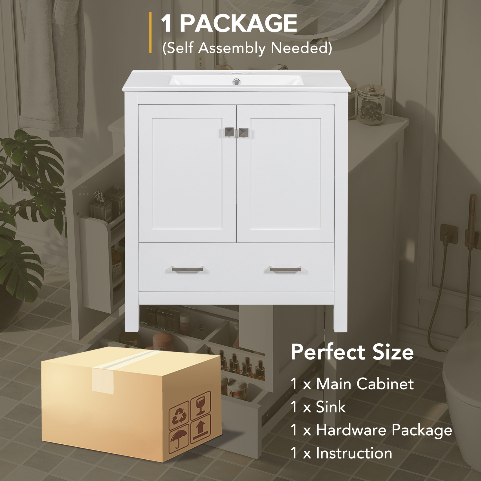30″ Bathroom Vanity w/White Resin Basin Sink Top with 2 Doors and Big Drawer