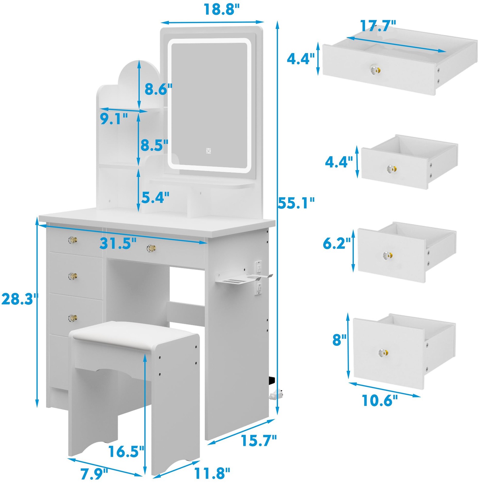 Vanity Set LED Mirror Outlet 5 Drawers Shelves Cushioned Stool Bedroom White