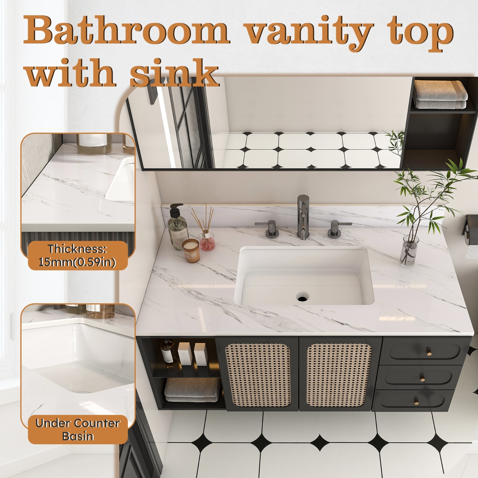43″ White Marble Vanity Top w/ Undermount Sink, 1 Holes, 4″ Backsplash