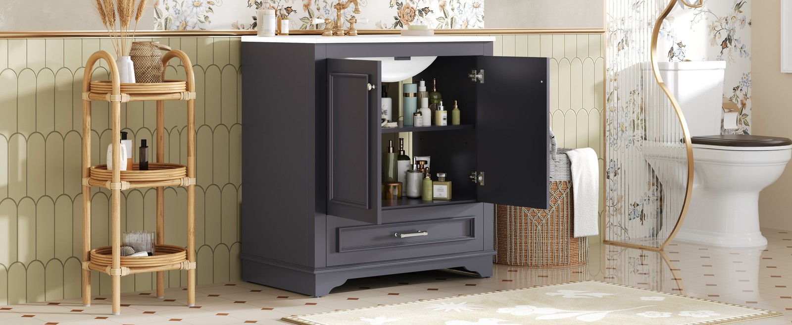30.5″ Bathroom Vanity with Ceramic Sink, 2 Soft Close Doors, Solid Wood Frame