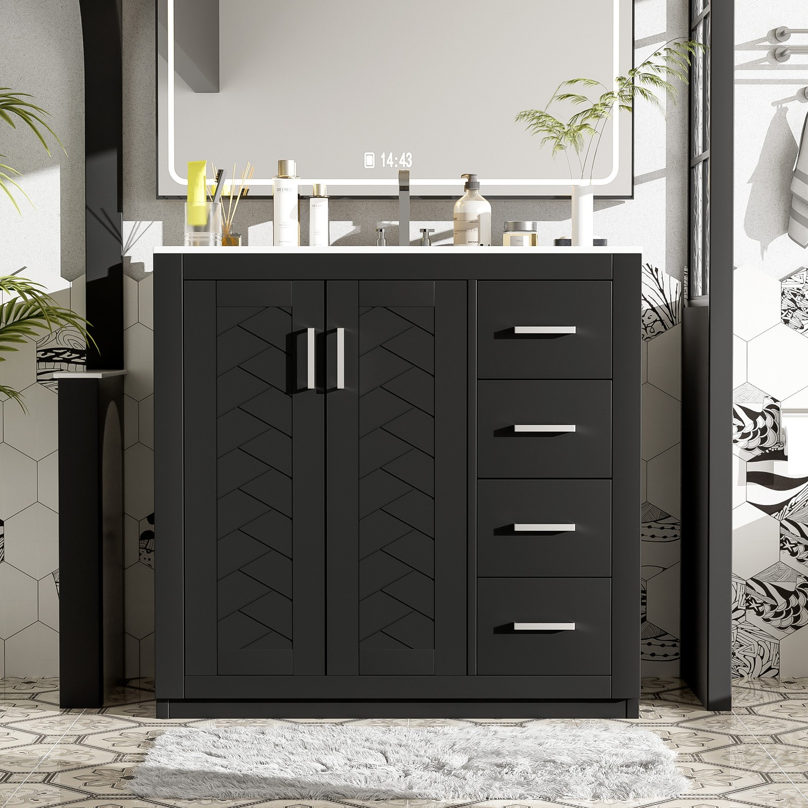 36″ Bathroom Vanity with Ceramic Sink, Solid Wood Frame, 3 Drawers, Black