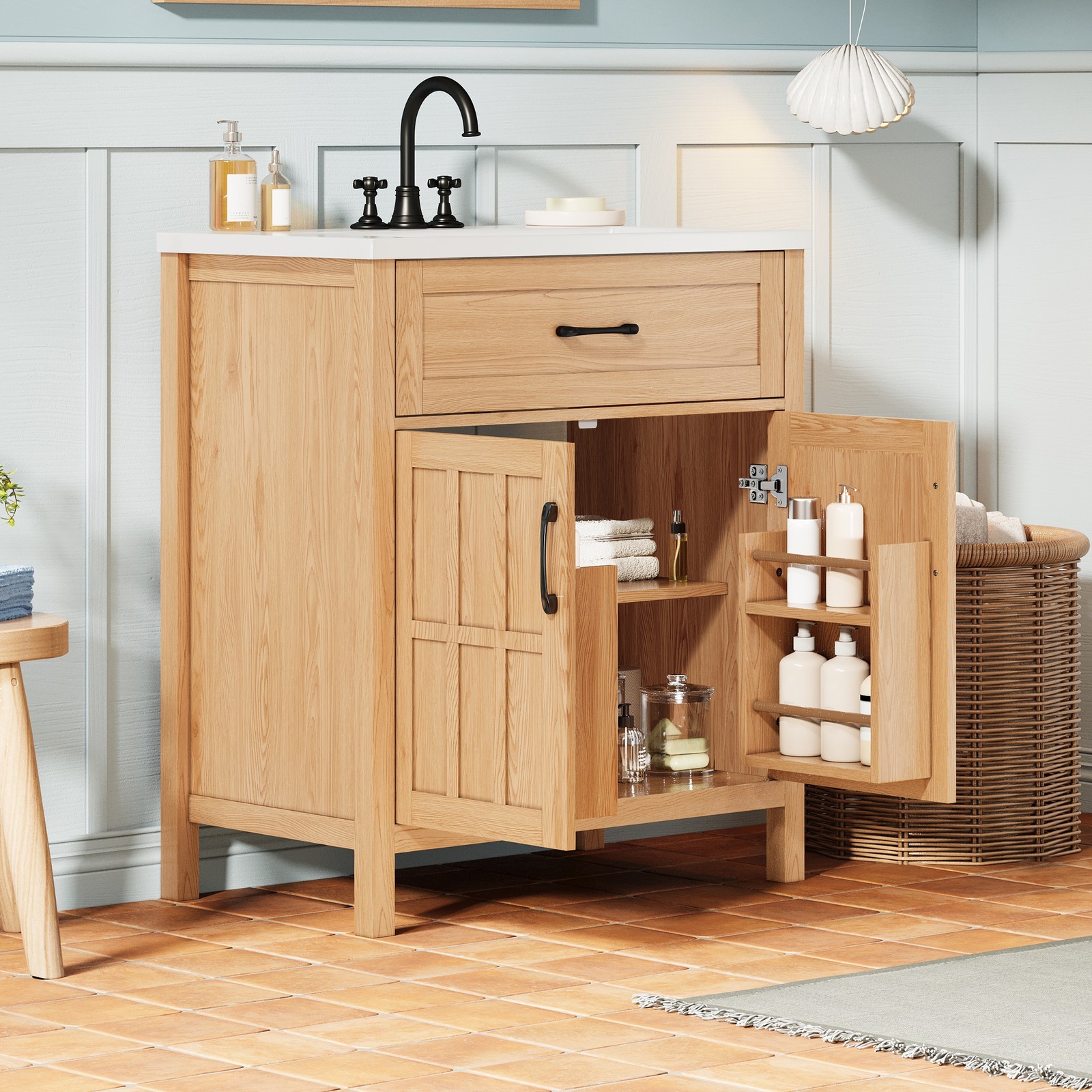 30″ Bathroom Vanity with Resin Sink, Modern Wood Frame Bathroom Sink Cabinet