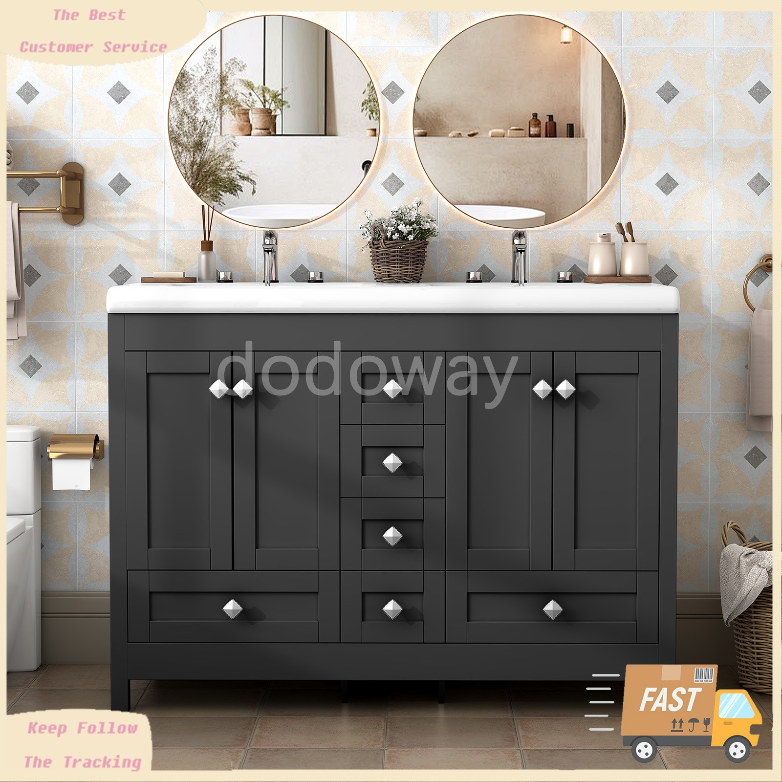 Modern 47″ Double Sink Vanity Freestanding Ceramic Bathroom Cabinet Black