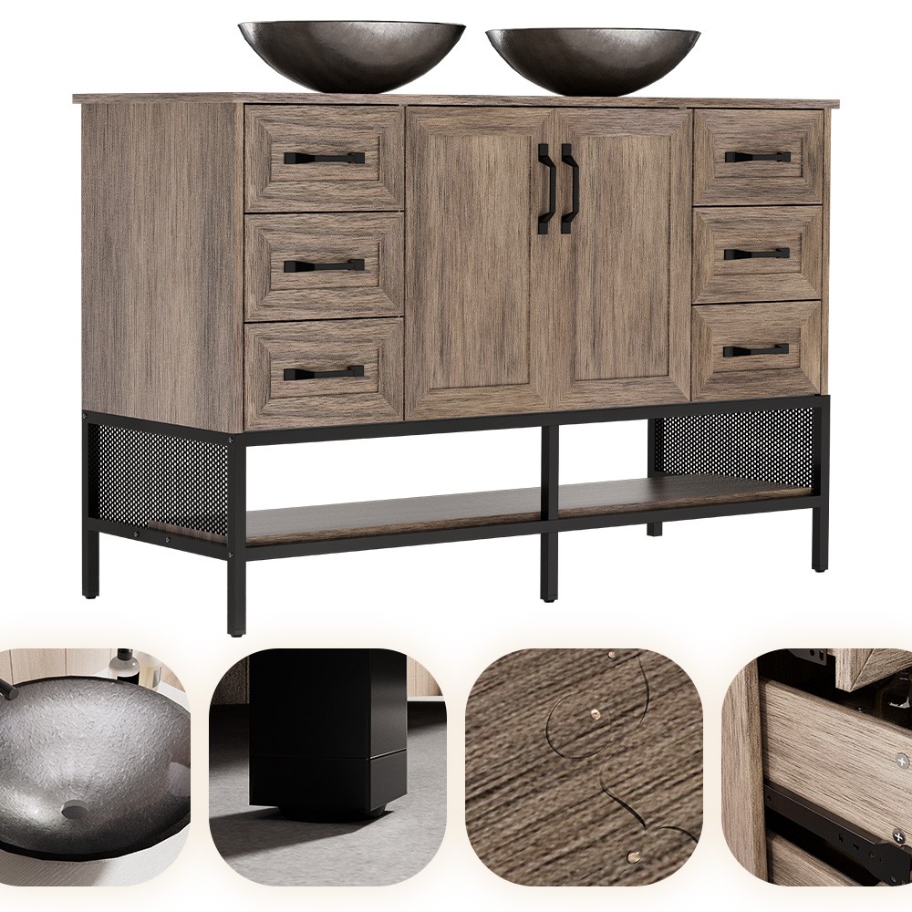 48 inch Bathroom Vanity w/ Vessel Sink Set Freestanding Side Shelves & 6 Drawers