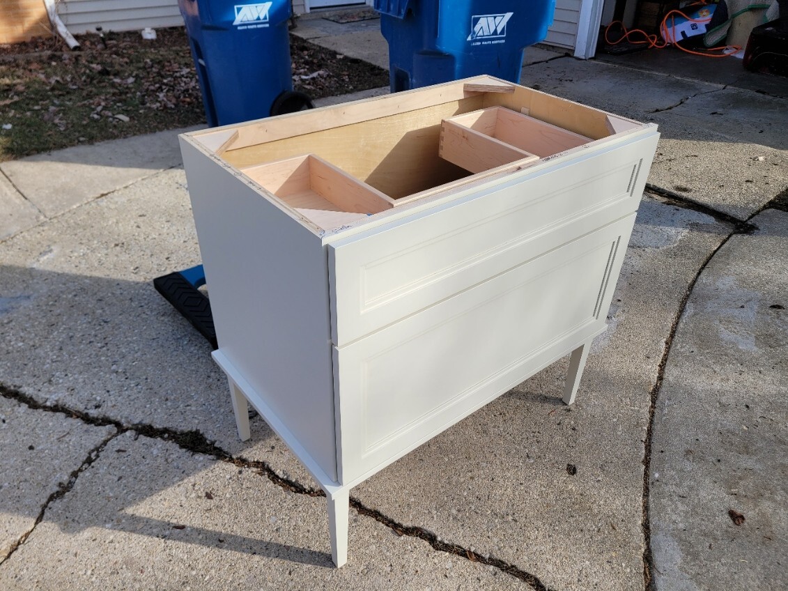 36″ Maple Painted Bath Vanity – Amish made. Two drawers. Left side finished.