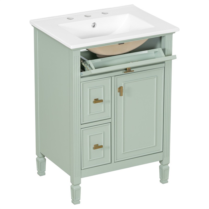 24-In Modern Bathroom Vanity with Ceramic Sink,Green Wood Cabinet with 3 Drawers